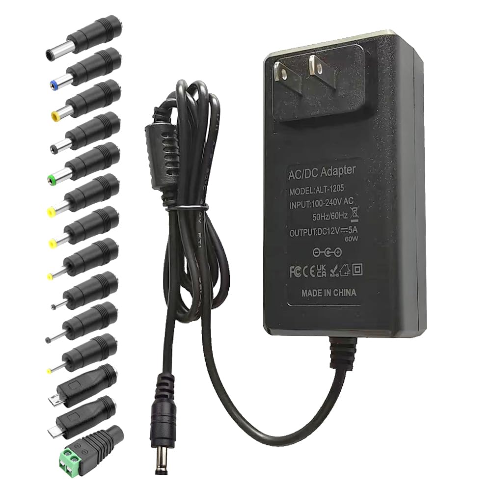 12V 5A DC Power Supply AC Adapter 100-240V AC to DC 12Volt 5Amp 4A 3.5A 3A 2A 1.5A 1A Voltage Converter AC Adapter with 5.5x2.5mm Jack and 14 Tips (5A