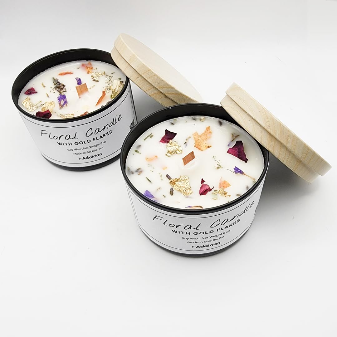 Adairian Wood Dough Bowl Candle with Flowers Inside, Wooden Candles, Large Candles with Wood Wicks, Rustic Farmhouse Decor, Soy Candle with Dried Flowers (2 Pack Floral Metal Tin)