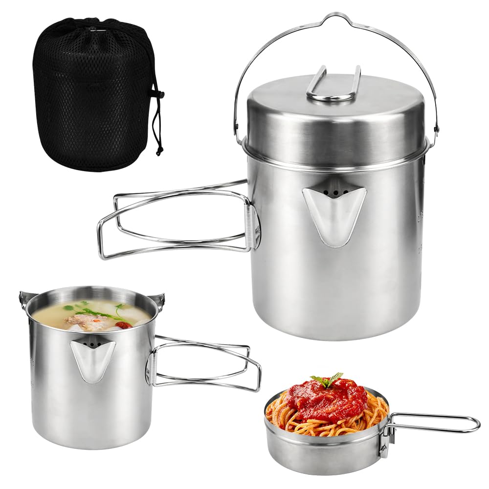LANSKYLAN Casserole Camping 15.5x11cm, Popote Randonnée en Acier INOX, Popote Camping avec Poignée Pliable, Casserole de Randonnée 1-2 Personnes, Popote Bivouac Portable, pour Cuisson Pique-Nique