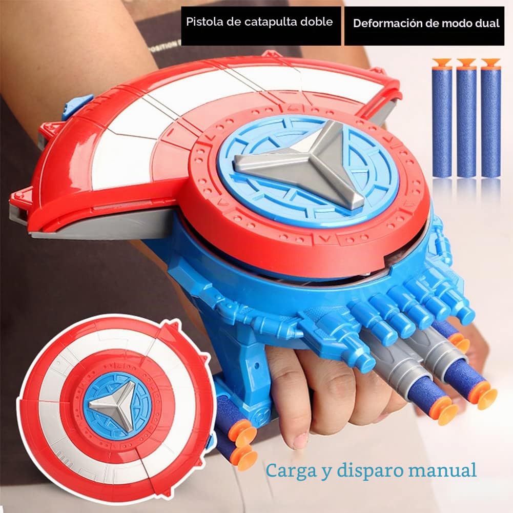 Escudo Capitán Lanzador con 20 Balas de Esponja, Escudo Defensivo y Lanzador, Juguete de héroe, Regalo de Accesorios de Cosplay para Niños