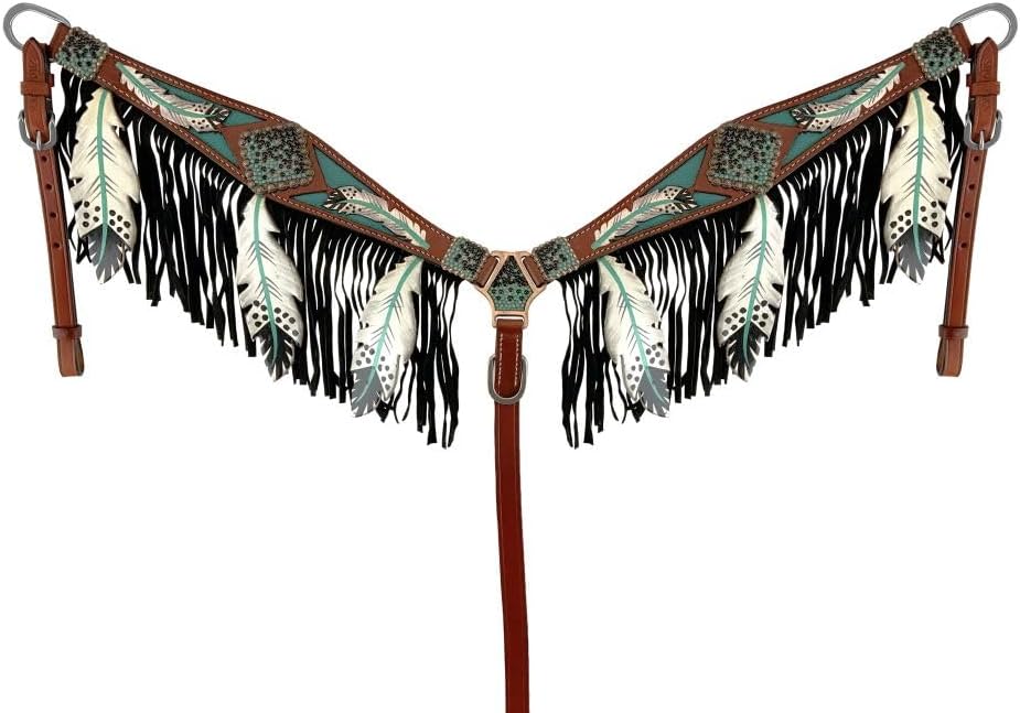 Leather Headstall & Breast Collar Set w/Teal Cut-Out Feather Design Average Full Size Horse