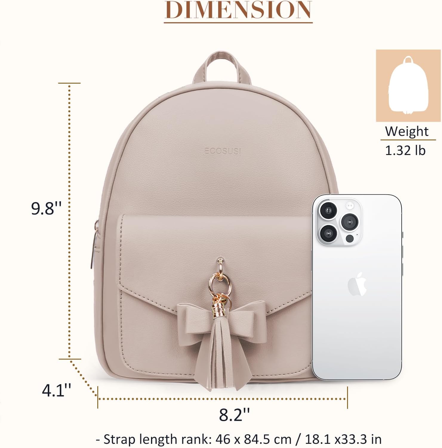 ECOSUSI Mini Backpack for Women Cute Bowknot Small Backpack Purse Ladies Leather Bookbag Satchel Bag, with Charm Tassel Khaki - Image 4