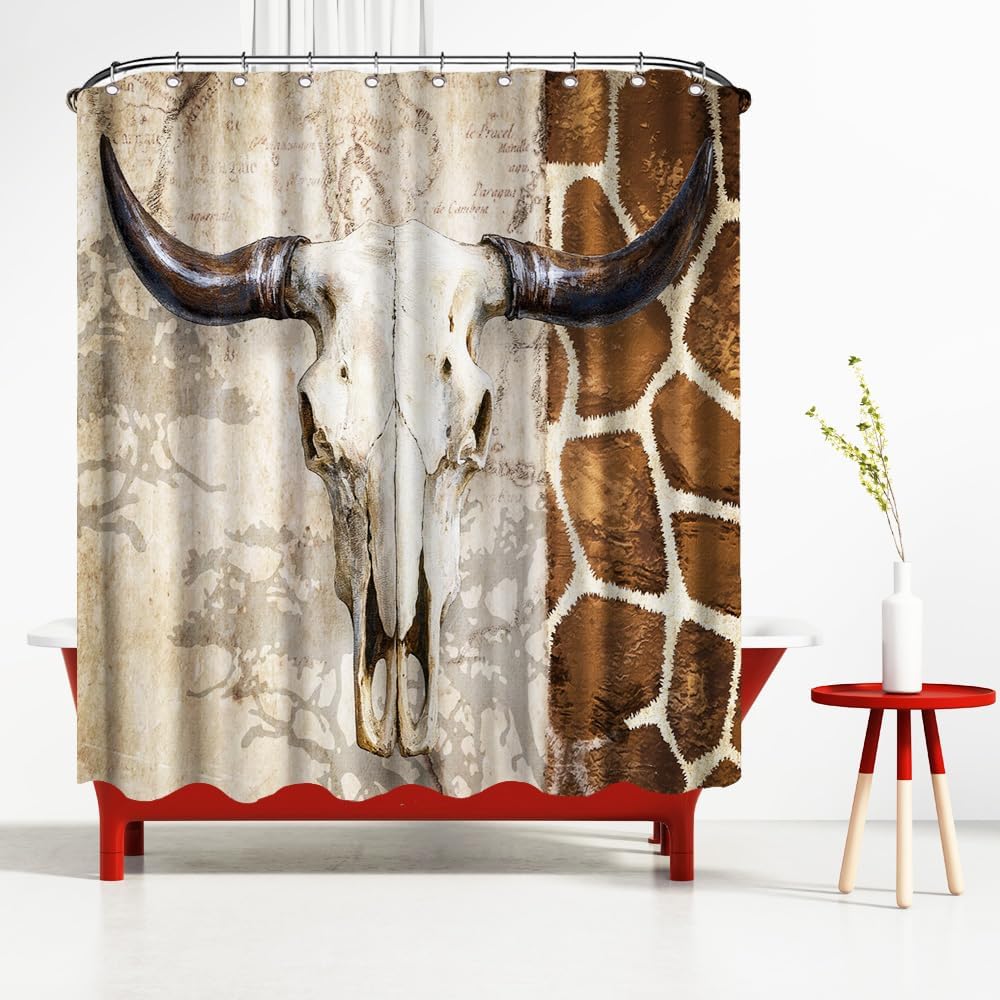 Farmhouse Shower Curtain Bull Skull Bathroom Curtain with Giraffe Print Pattern 72x72 Inches, Rustic Western Design with 12 pcs Hooks Included (Brown)
