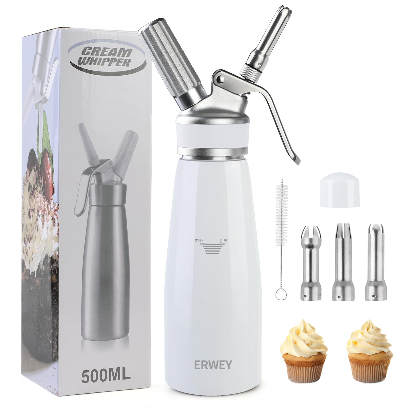 ERWEY Sahnespender 500ML, Sahnesyphon Aluminium, Sahnesprüher Auslaufsicherer Einfach Reinigen mit 3 Tüllen und 1 Reinigungsbürsten, Schlagsahne Spender für Küche Party Desserts