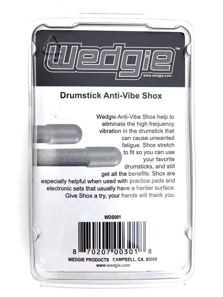 Back packaging of Wedgie Anti-Vibe Drumstick Shox, showing product description, model number WDS001, and UPC barcode 870207003018.