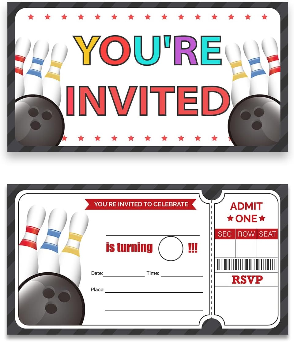 Bowling Ticket Birthday Party Invitations with Envelopes