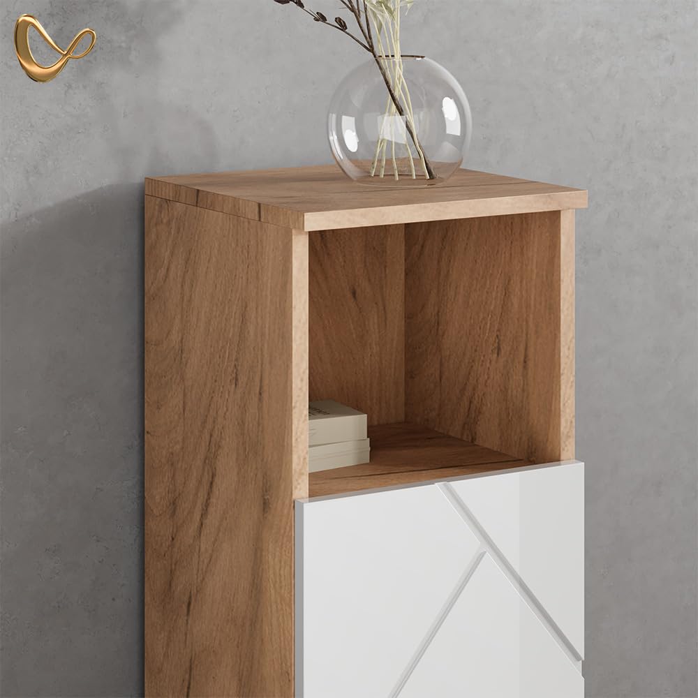 Livinity Set di mobili da bagno Ronco, Bianco lucido/oro power oak, 4 parti, con cassettiera e colonna