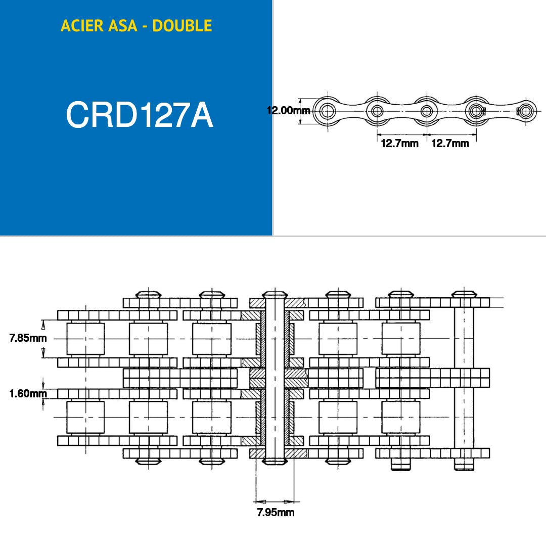 CMW CRD127A chaine de transmission double ASA 40-2 ASA acier, pas de 12,7 mm en rouleau de 5 mètres