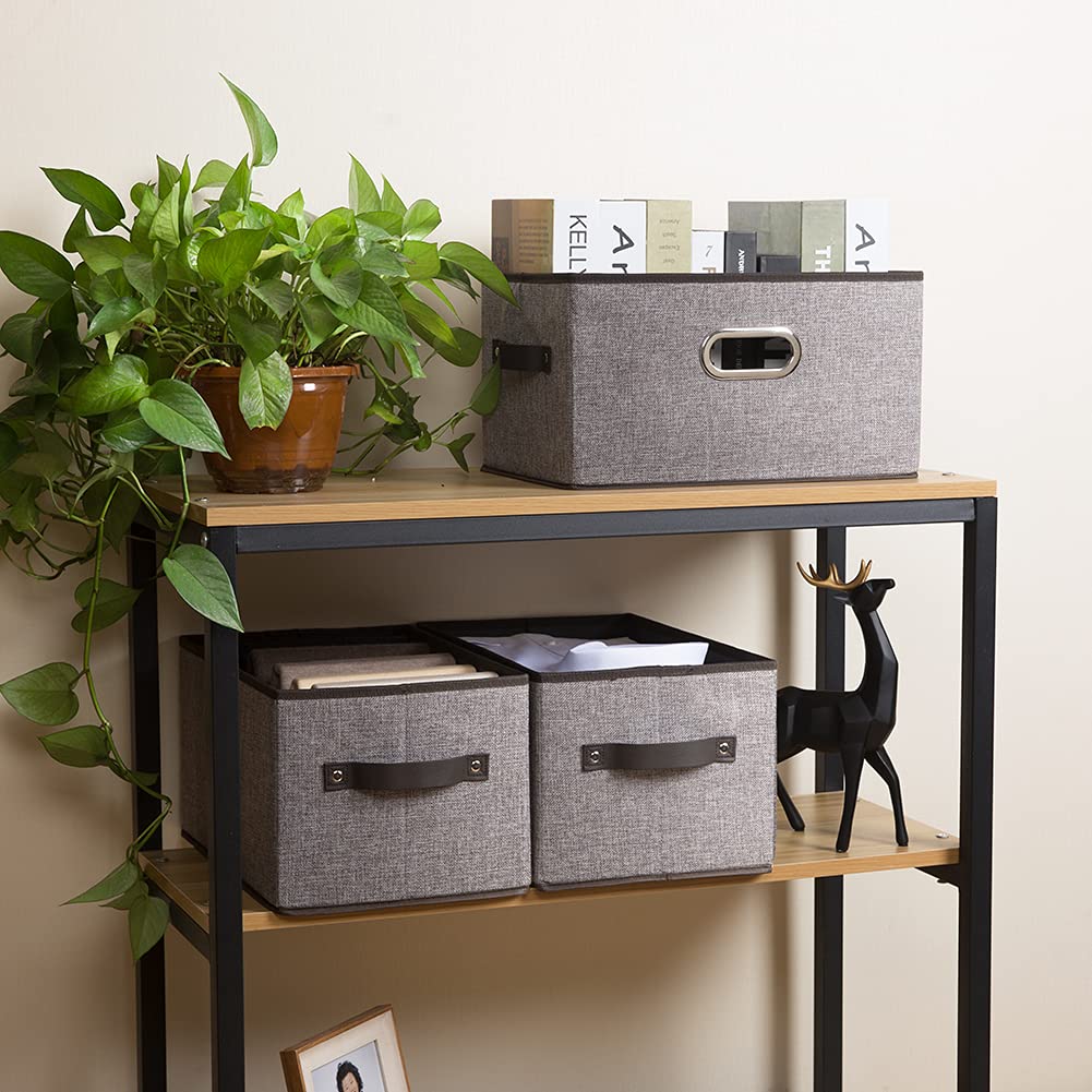 PRANDOM Aufbewahrungskörbe für Schrank, dekorative Stoff-Aufbewahrungskörbe, Würfel mit Leder-/Metallgriffen für Regale, Schlafzimmer, Wohnzimmer, Grau, 29 x 21 x 17 cm, 5 Stück