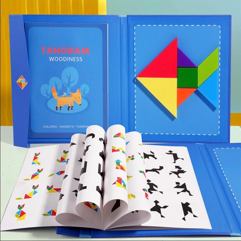 Image of Magnetic Tangram Puzzle for Kids, Wooden Educational Puzzle Toy, Toys for 4-10 Years Montessori Puzzle Game, Educational STEM Activity Book (7 pcs Tangram)