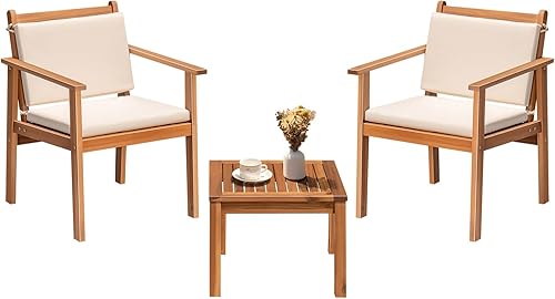 Greesum Juego de 3 sillas de chat para exteriores con cojines resistentes al agua y mesa auxiliar para playa, patio trasero, jardín, color blanco