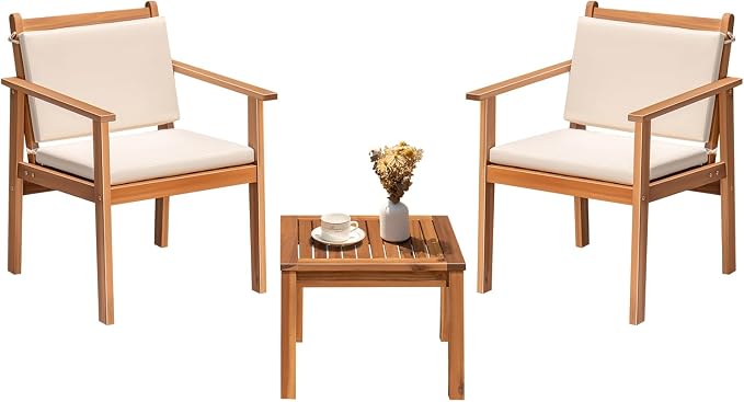 Greesum Outdoor Patio Furniture, 4 Piece Bistro Sofa Set with Coffee Table and Loveseat, Acacia Wood Conversation Sets with Cushions, for Garden, Backyard, Poolside, White