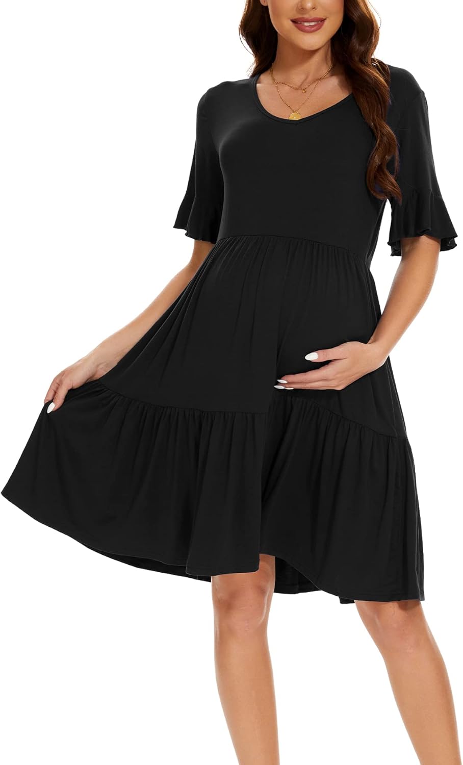 Smallshow Women's Maternity Dress Ruffle Short Sleeve Pregnancy Clothes Summer - Image 3