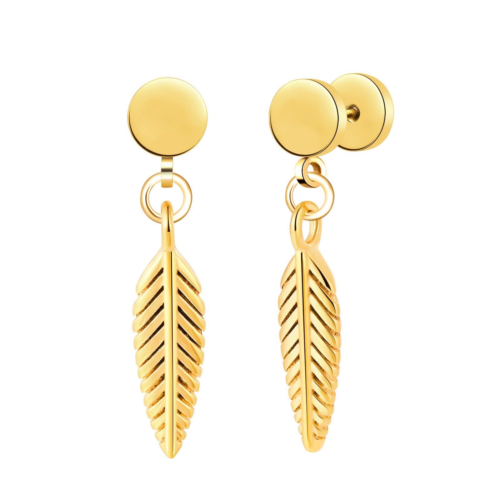 Yumilok Pendientes de acero inoxidable para mujeres, tornillos de barra de acero inoxidable para hombres, pendientes colgantes de plumas plateadas