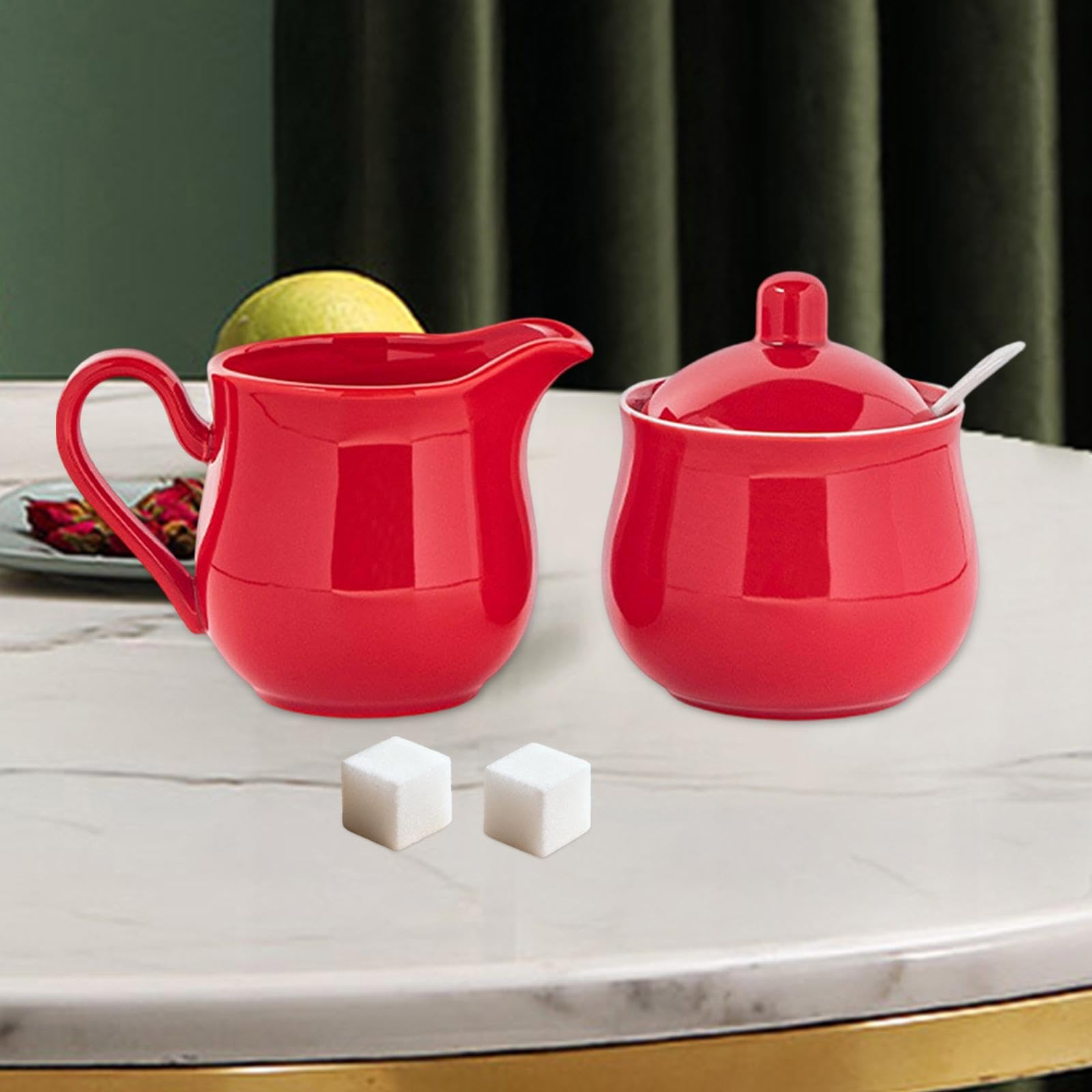 Amagogo Juego de azucarero y Crema de cerámica, azucarero con Tapa y Cuchara, Uso doméstico, práctico, Decorativo, Jarra para Crema, Rojo