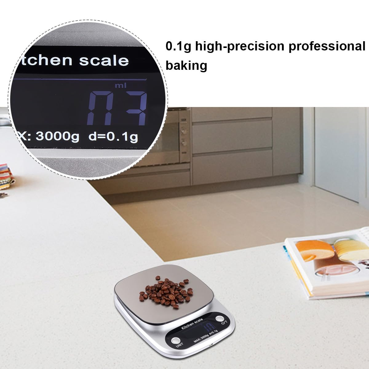 UKCOCO Báscula Sensor de Alta Precisión de Cocina Digital de Acero Inoxidable Recargable 3 Kg y Pantalla Lcd para Uso en Cocina y Joyería