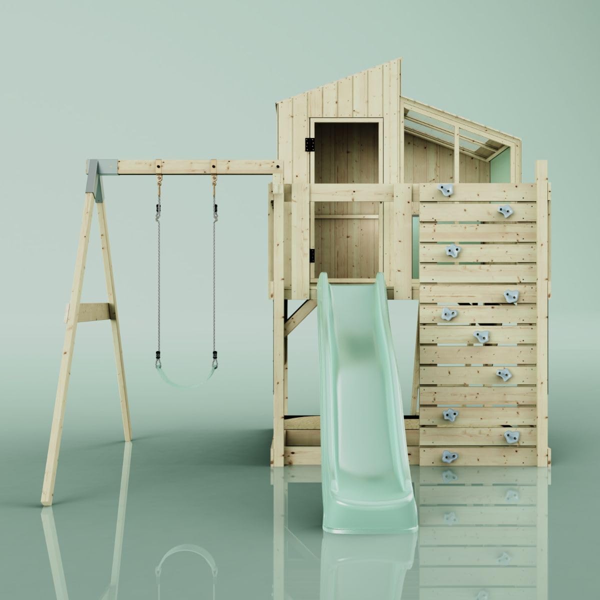 Rebo Spielturm mit Spielhaus inkl. Wellenrutsche, Outdoor Klettergerüst Garten, Kletterwand und Kletterleiter,Mintgrün
