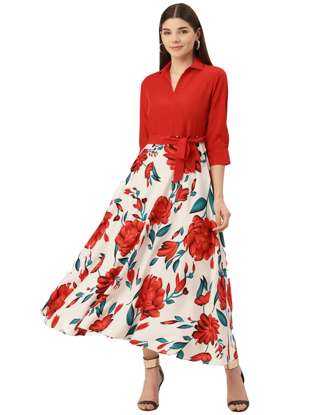 Deewa Red & White Floral Crepe Maxi Dress