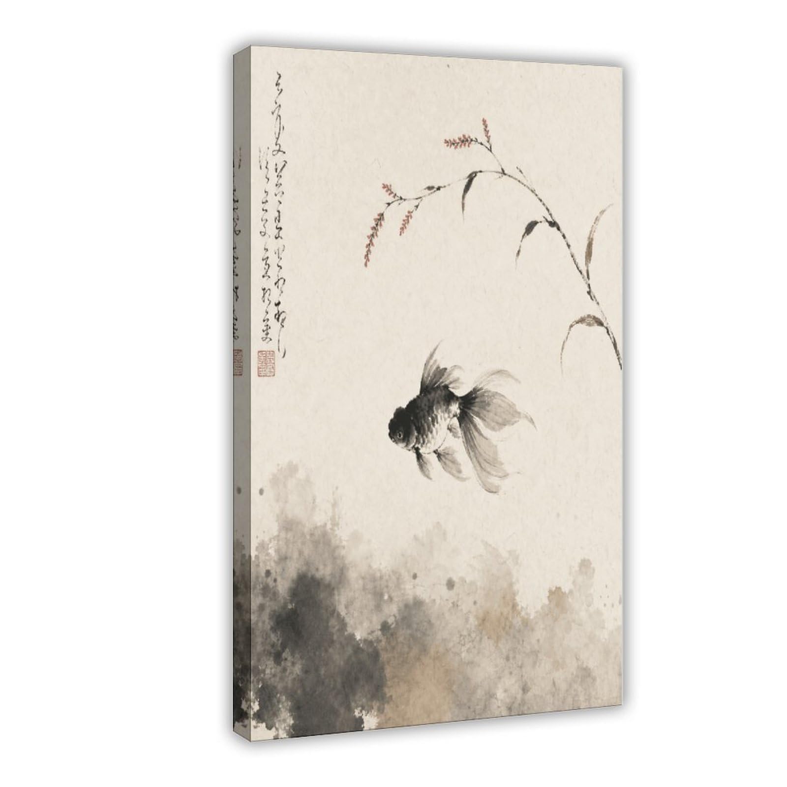 H3b8u2y5 Frame-Style-2 Black Goldfish Canvas Wall Art, Gongbi Painting Apartment