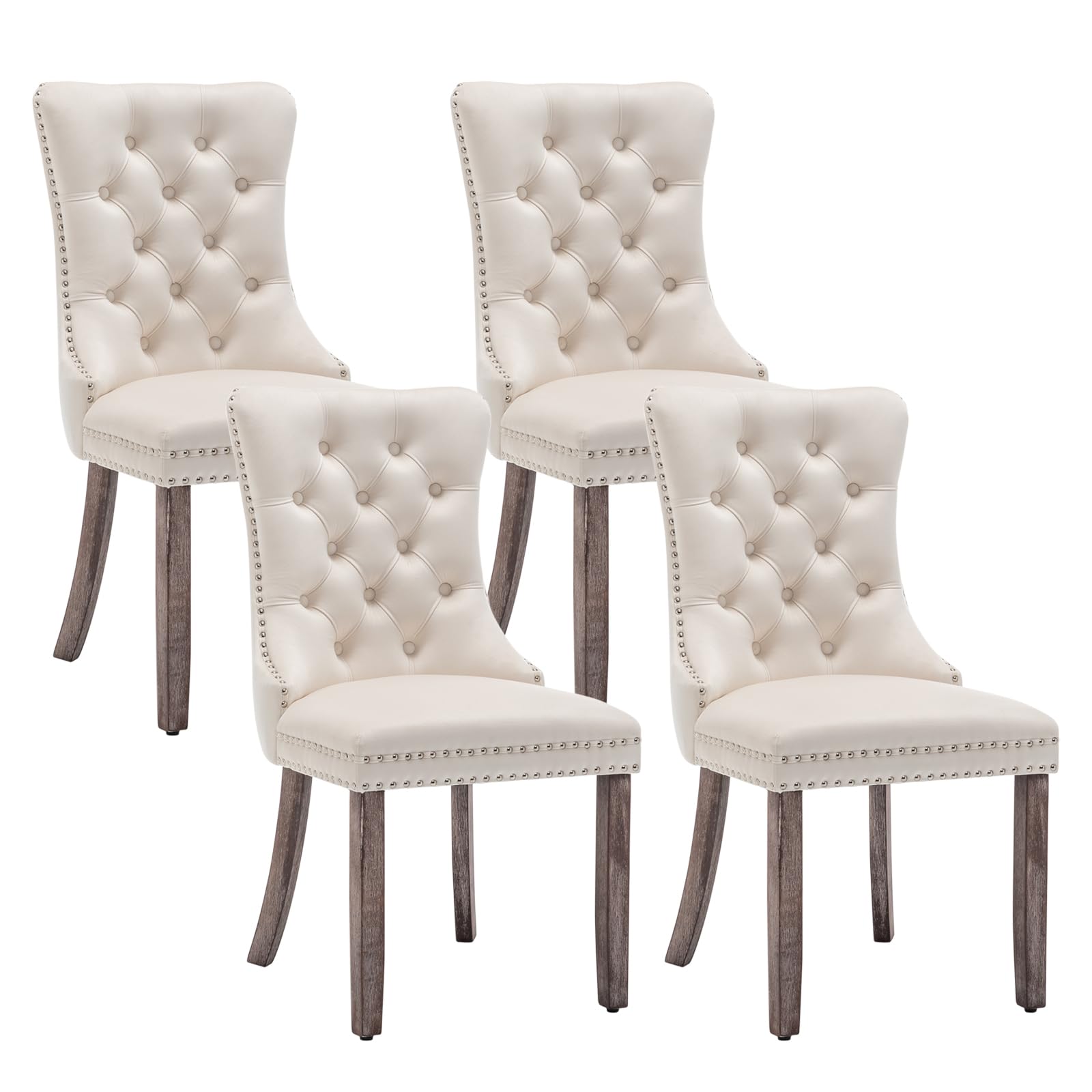 Velvet Dining Chairs Set of 4, Upholstered Dining Room Chairs with Nailhead Ring Pull Trim, Button Tufted Wing Back Chairs for Dining with Solid Wood Legs for Kitchen Dining Room(Beige)