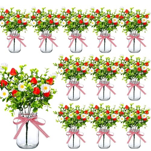 Fovths 12 Set Strawberry Mason Jar Table Centerpieces Fake Strawberry Plant | Artificial Flowers with Vase Home Centerpiece for Dining Table Engagement Farmhouse Kitchen Wedding Decor