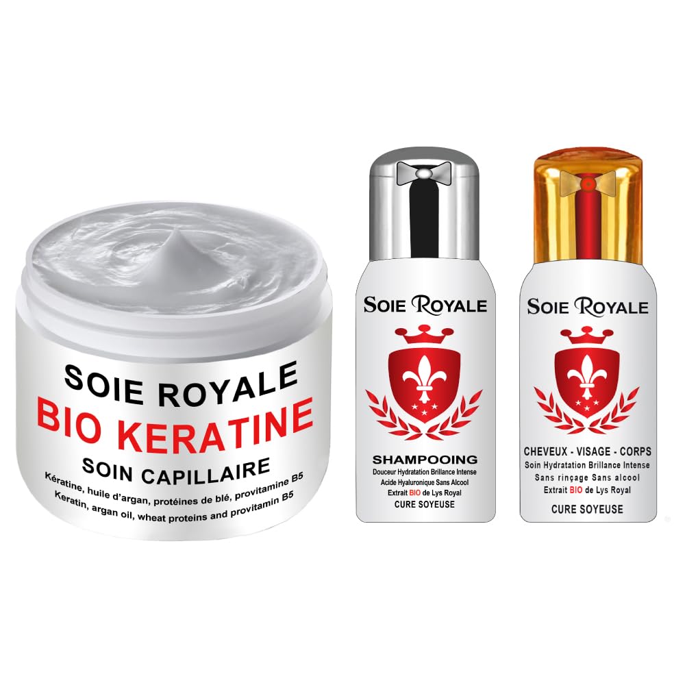 Coffret Cadeau Rouge Soin Capillaire Bio Kératine 250 ml Shampooing régénérant et Sérum Soie Royale Cure Soyeuse 66 ml sans rinçage Répare Hydrate Nourrit Démêle Brillance Intense pour cheveux