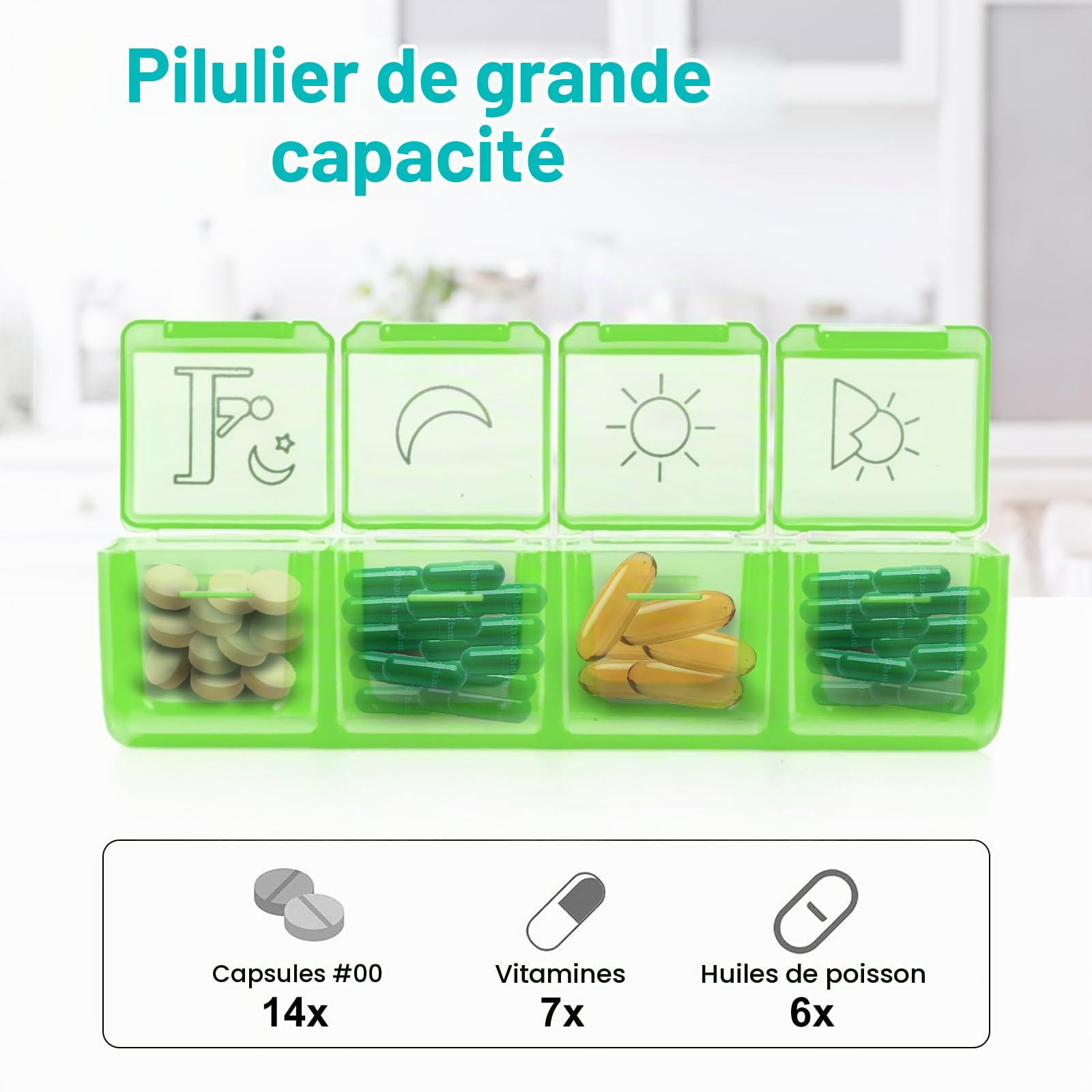 Glamgen Pilulier mensuel 4 fois par jour, 30 jours quotidiens avec grand étui de voyage rigide portable, étui de voyage 32 compartiments pour vitamines, suppléments et médicaments, 1 unité
