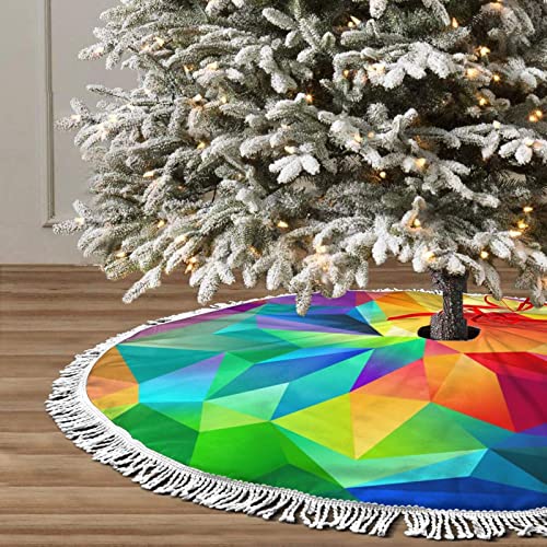 Rainbow Geometric Christmas Tree Skirt, Xmas Tree Skirt Mat With Tassel For Holiday Wedding Party Decor 48" #TOP3