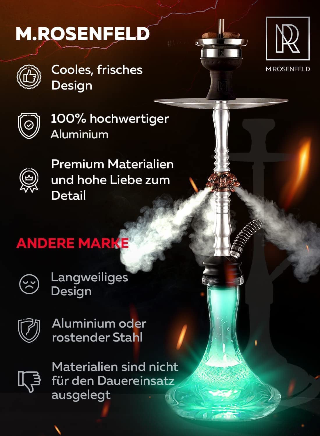 Cachimba Completo WOLF ONE - con un exclusivo flujo de aire a través de 3 elegantes cabezas de lobo de cobre - Conjunto de shisha de aluminio especial para personas con buen gusto 85 cm.