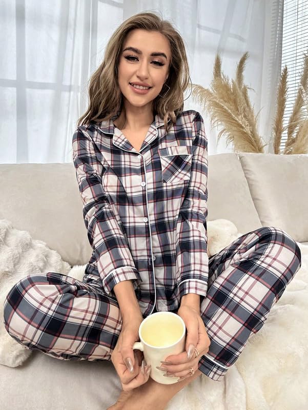 Image of Night Suit for Women with Full Sleeve Button-Down Top with Pant Dress for Woman,Night Dress for Woman, Two-Piece Loungewear Set