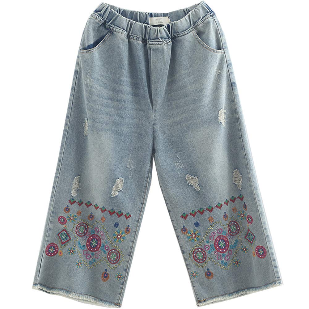 Jeans large brodé femme taille haute idéal pour les sorties