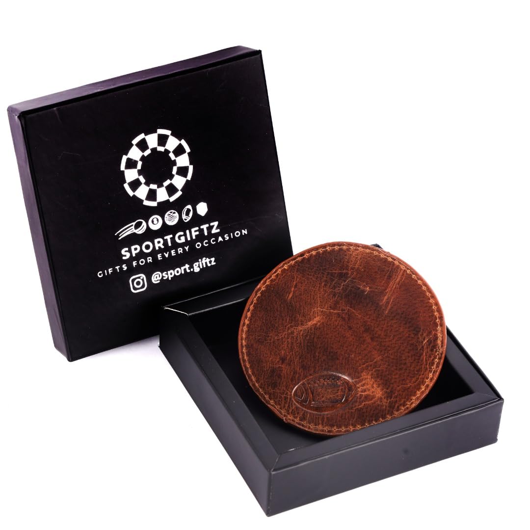 Sportgiftz Brown - Buffalo Leather Coaster | Rugby Ball Stitching | Durable And Elegant Design | Ideal For Dining And Coffee Tables | Rugby Ball Coaster, One Size
