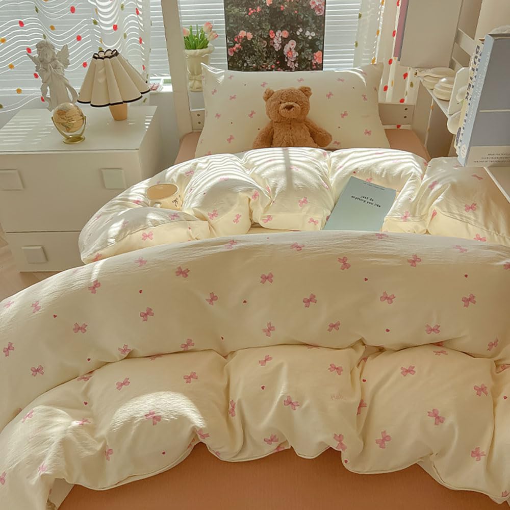 Nyescasa Pink Bow Duvet Cover Sets Single Size Pink Bows Heart Bow Tie Cute Washed Microfiber Bedding Set Aesthetic Teen Girls Women Quilt Cover 135x200 with Zipper Closure and 1 Pillowcase 50x75 cm — image 1