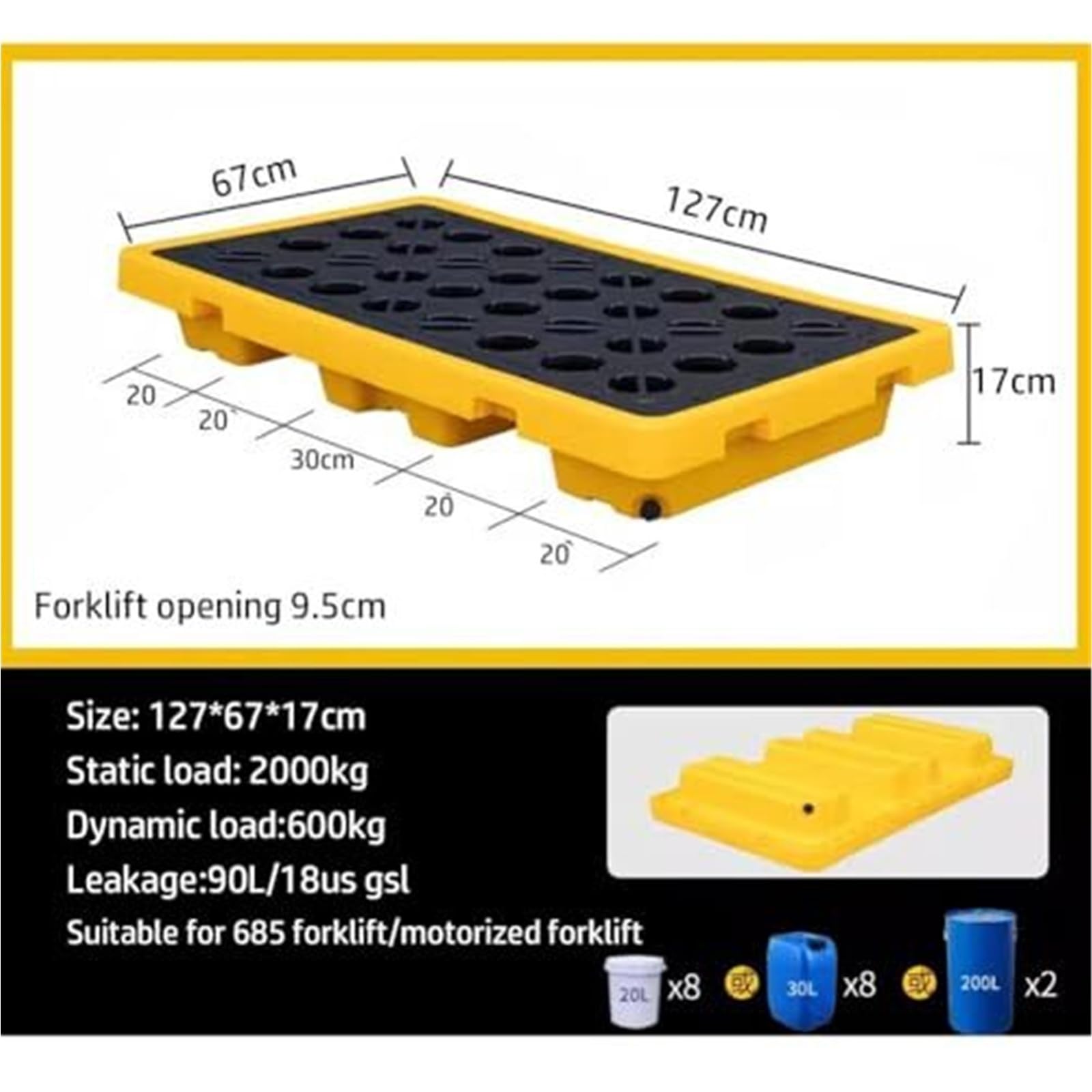 Vasca di Raccolta Industriale per Fusti di Olio, Pallet Anti-Perdite Modulare in Plastica con Griglia, Piattaforma di Contenimento in HDPE per Stoccaggio Serbatoi di Carburante(127 * 67 * 17cm)