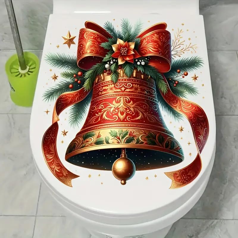 Christmas Bow Bell Toilet Cover Sticker Decals,Fish Bird Flower Leaf Waterproof Toilet Lid Tank Seat Decals Cistern Self-Adhesive Bathroom Wall Sticker