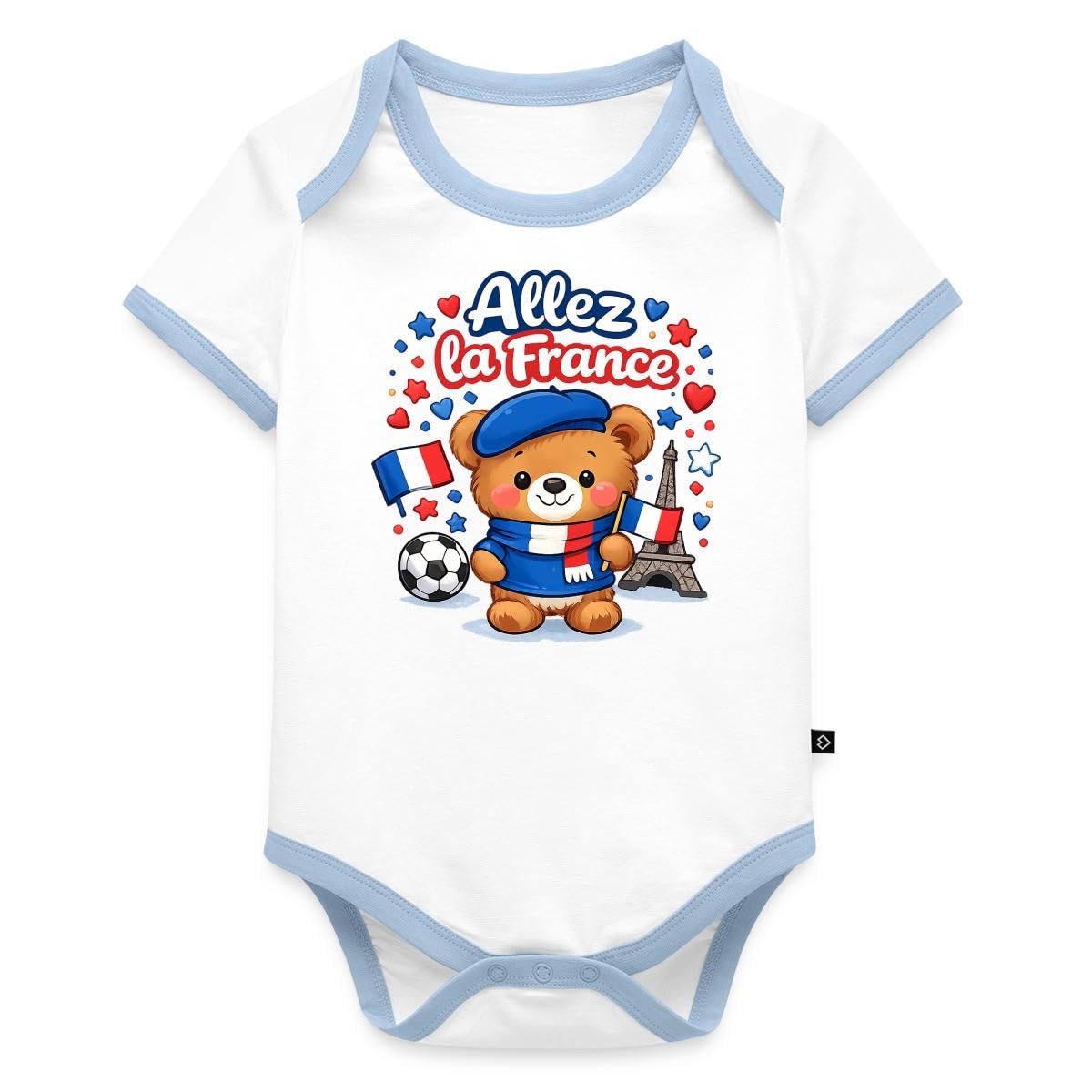 Allez la France Football Supporter Body Bébé Bio Manches Courtes Contrasté
