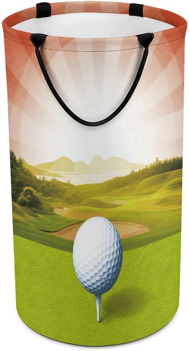 Golf Sport Laundry Hamper with Handles Waterproof Collapsible Laundry Basket Large Lightweight Round Dirty Clothes Hamper for Home Dorm Bathroom Decor