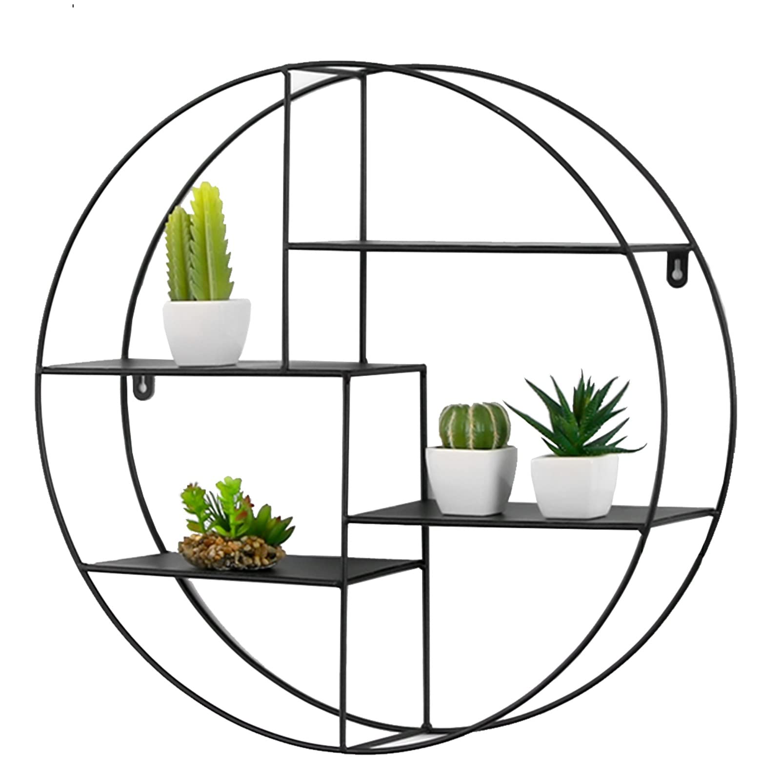 POLGDW Round Metal Wine Bottle and Cup Display Rack with Plant Pot Stand Wall Floating Shelves for Home Bar Dining Room Kitchen Black/Gold (50x14x50cm)