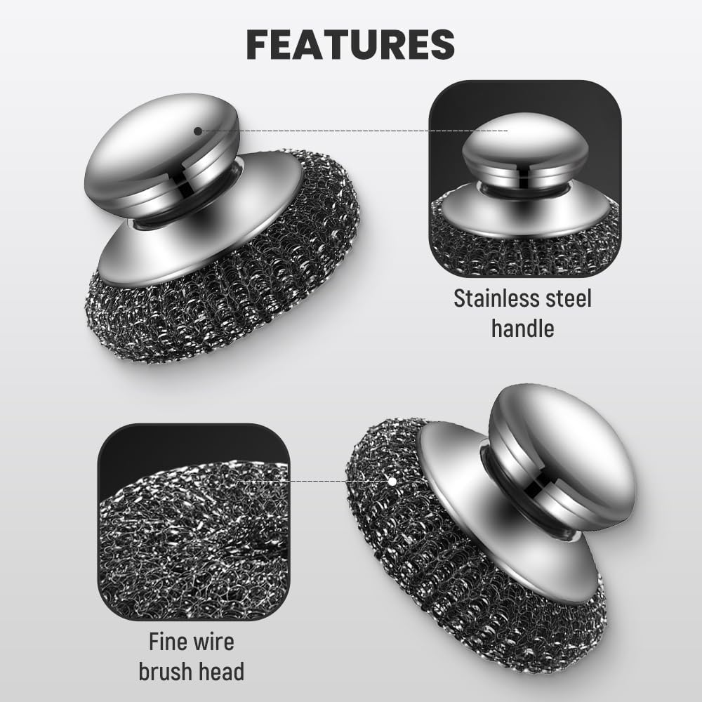 Yiushing Stainless Steel Wool Scrubber with Handle, Heavy Duty Scrubber Detachable Metal Steel Scrubber for Cleaning Dishes, Iron Pots, Stoves, Wash Sink (2Pcs)