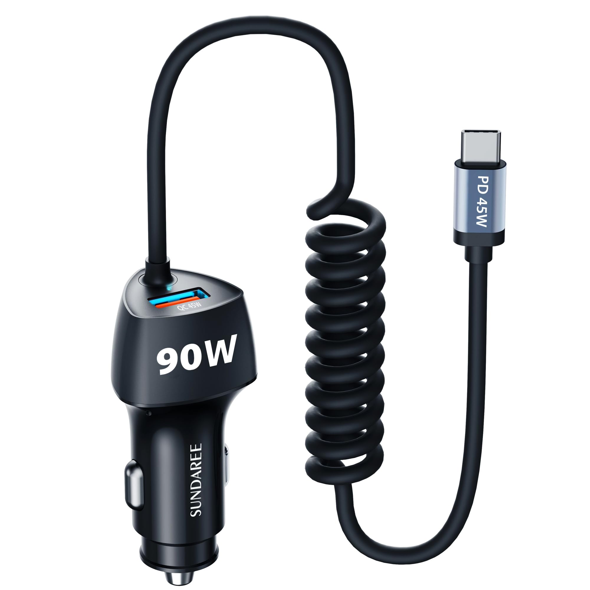SUNDAREE Caricatore Auto USB C,90W 12V 24V PD QC Carica Rapida Tipo C Cavo Spirale Caricabatterie Accendisigari Adattatore per iPhone 15/Xiaomi redmi Note 13/POCO X6/Samsung A55/Galaxy Tab/Macbook Pro