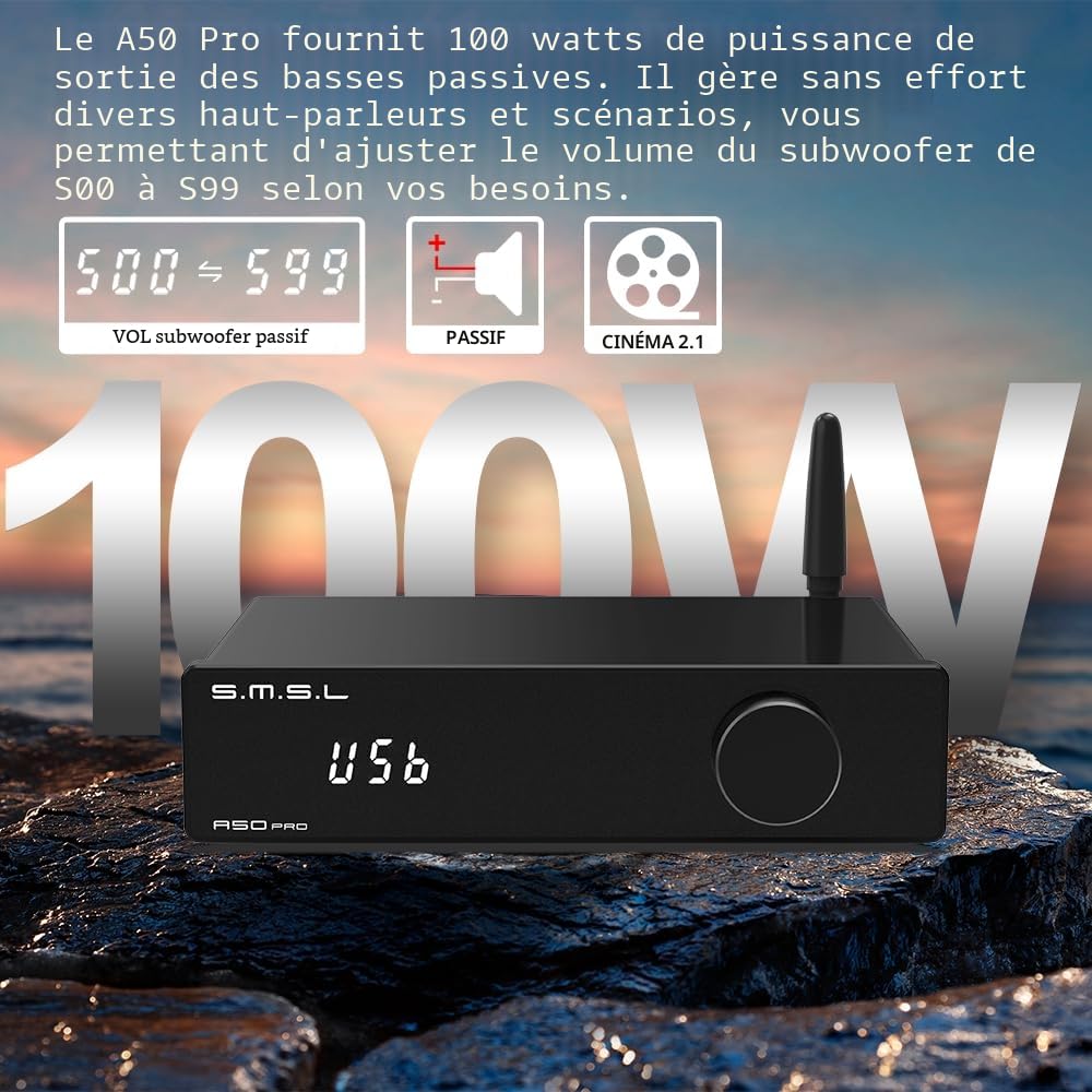 S.M.S.L A50 PRO Amplificateur Hi-Fi 2.1 canaux, filtre passe-bas/passe-haut, puce Infineon MA12070P, Bluetooth 5.0/USB/HDMI/AUX, caisson de basse passif avec volume réglable