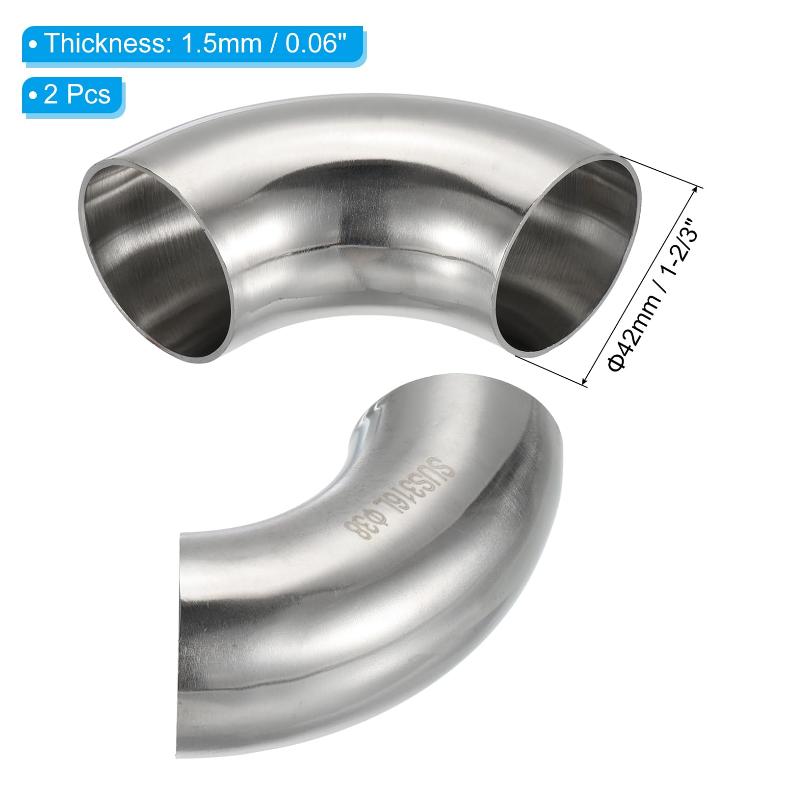 PATIKIL Gomito 90° Sanitario In Acciaio Inox 304 - Diametro 57 Mm, Altezza 208 Mm - Per Tubazioni Industriali