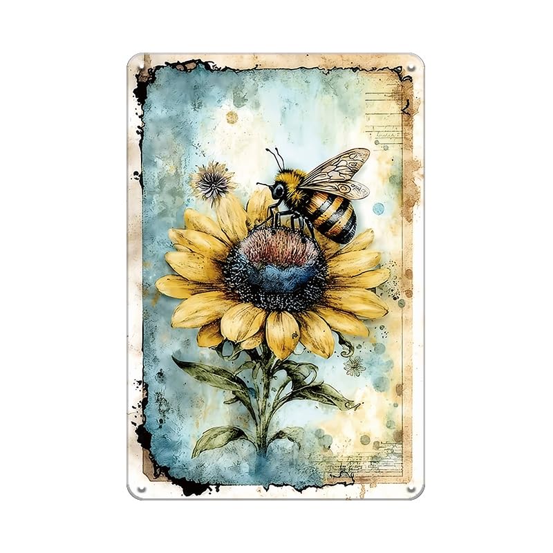 YOYI ART Metal Garden Signs for Outside - Vintage Bee Sunflower Sign, Outdoor Signs for Patio, Backyard...