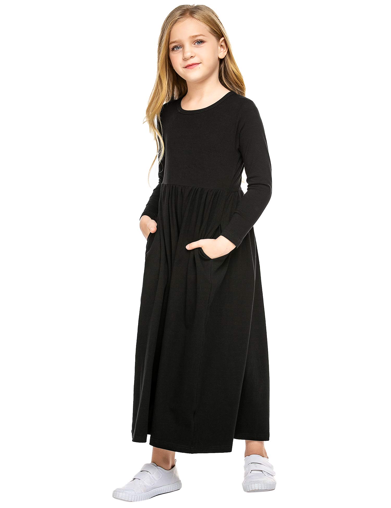 Arshiner Dziewczęca sukienka z długim rękawem sukienka maxi dziecięca jednokolorowa sukienka maxi jesień zima swing sukienka skaterska basic sukienka rekreacyjna z kieszeniami sukienka imprezowa rozm. 98-152