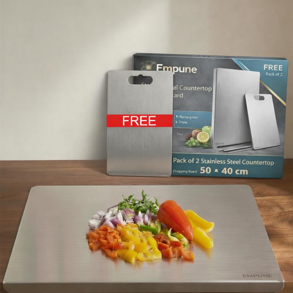 Stainless Steel Countertop Chopping Board 50 x 40 cm | L | Free 31 x 21 cm Rectangular Chopping Board with Rubber Skid & Straw || Pack of 2-image-15