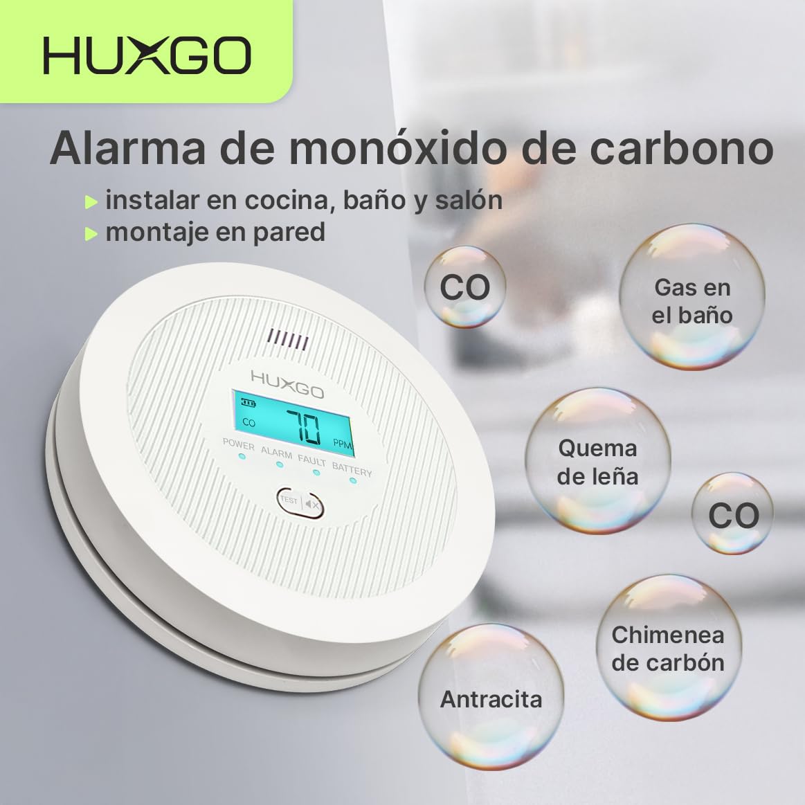 Detector Monoxido de Carbono HXAC01 | Sensor CO de Alta Precisión, Pantalla LCD Retroiluminada | Alarma de CO a Pilas para el Hogar