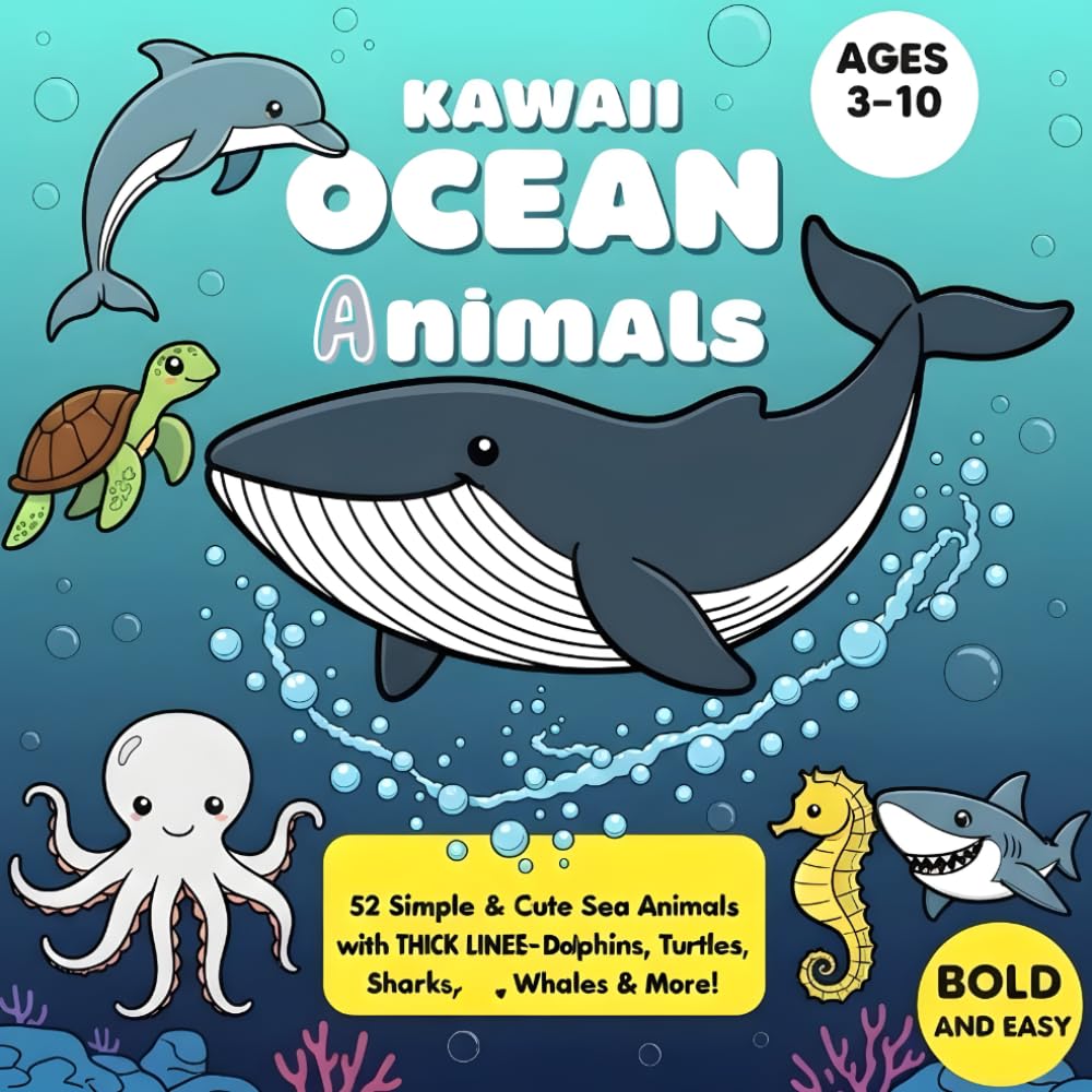Kawaii Ocean Animals Coloring Book: Bold & Easy Underwater Adventure for Kids & Stress Relief for All Ages: 52 Adorable Sea Creature Designs with ... & Adults Seeking Relaxation & Creative Fun