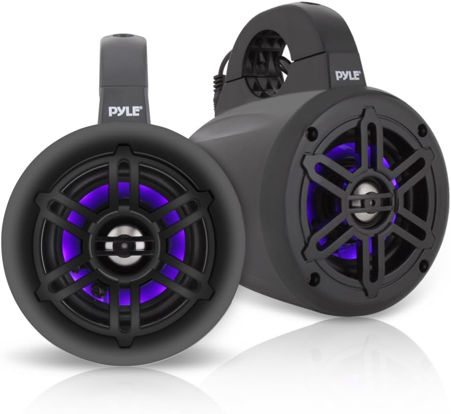 Black Friday 🔥 Waterproof Marine Wakeboard Tower Speakers - 4 Inch Dual Subwoofer Speaker Set w/ 300 Max Power Output - Boat Audio System w/Built-in LED Lights - Mounting Clamps Included - Pyle PLMRLEWB46B (Black)