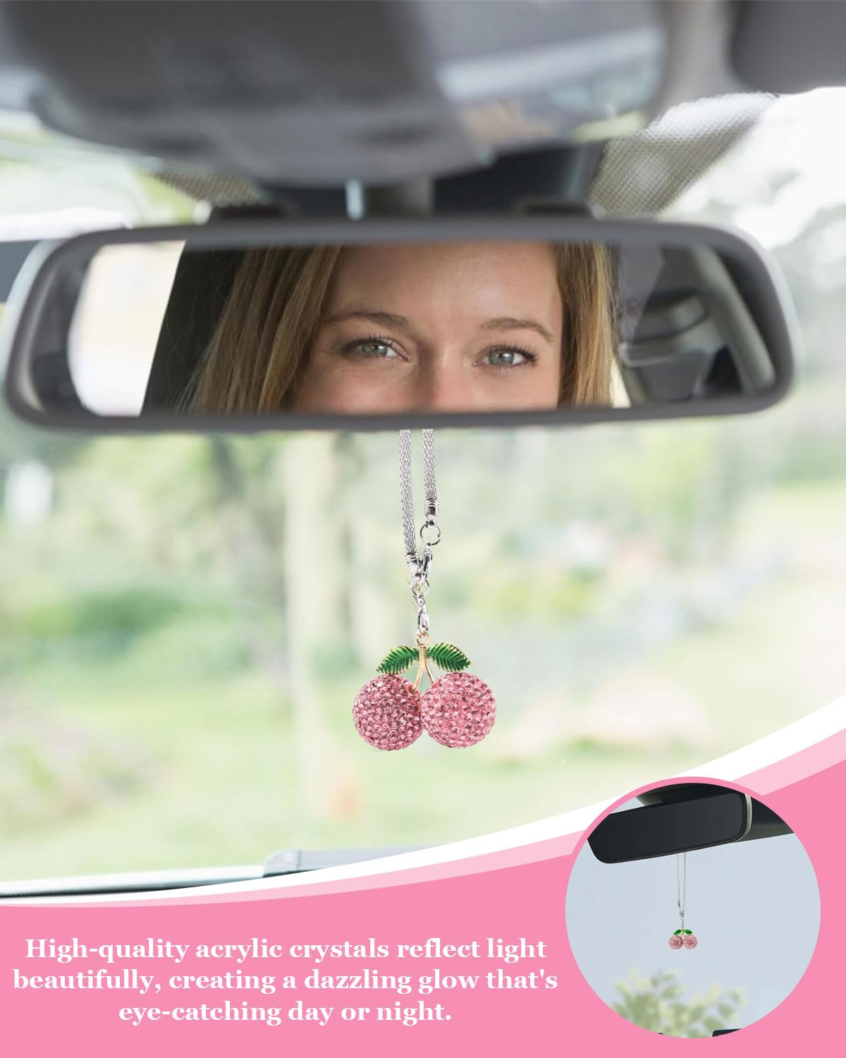 Ornamento da Appendere per Auto, decorazioni macchina，Strass Eleganti Appendere per Auto ciliegia Accessori per Auto Estetica Interna Accessori per Specchietto Retrovisore per Donne