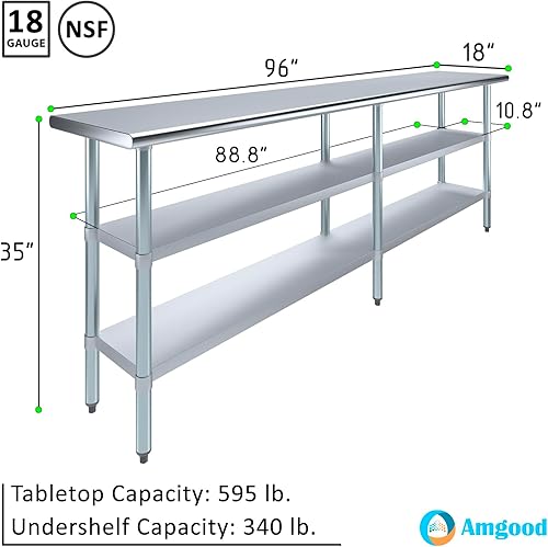 Miniatura 3 de AmGood Mesa de trabajo de acero inoxidable con 2 estantes  NSF  Mesa de metal (96 pulgadas de largo x 18 pulgadas de profundidad)